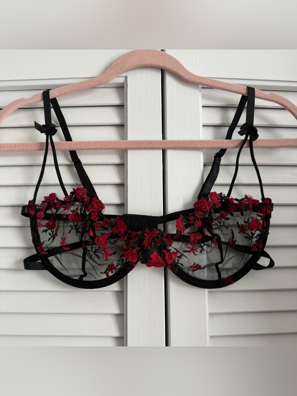 Sheer Black Lace Balconette Bra with Red Floral Embroidery